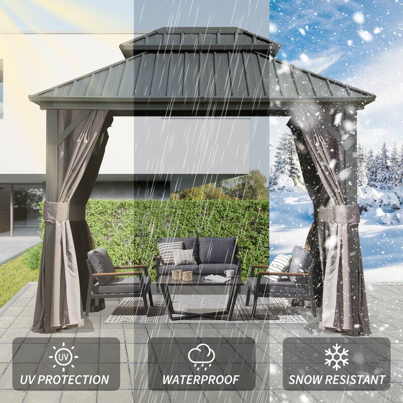 8' x 10' Permanent Metal Gazebo with Double Roof, Curtains, and Netting for Outdoor Gatherings
