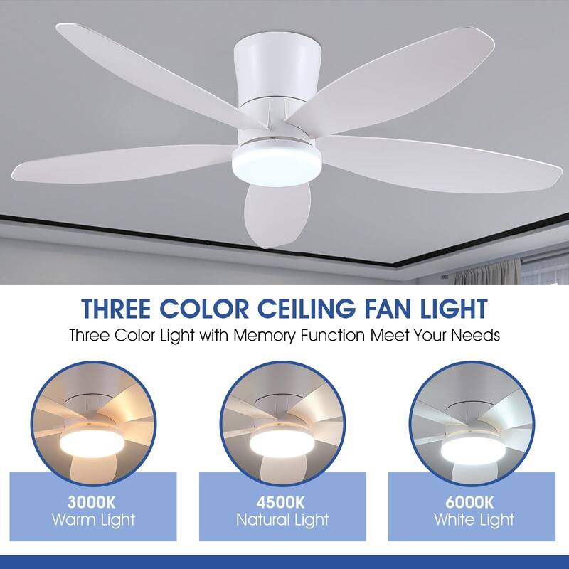 36"/42"/48" Low Profile Ceiling Fan with ABS Blades 3 Color LED Flush Mount for Bedroom Living Room APP and Remote Control