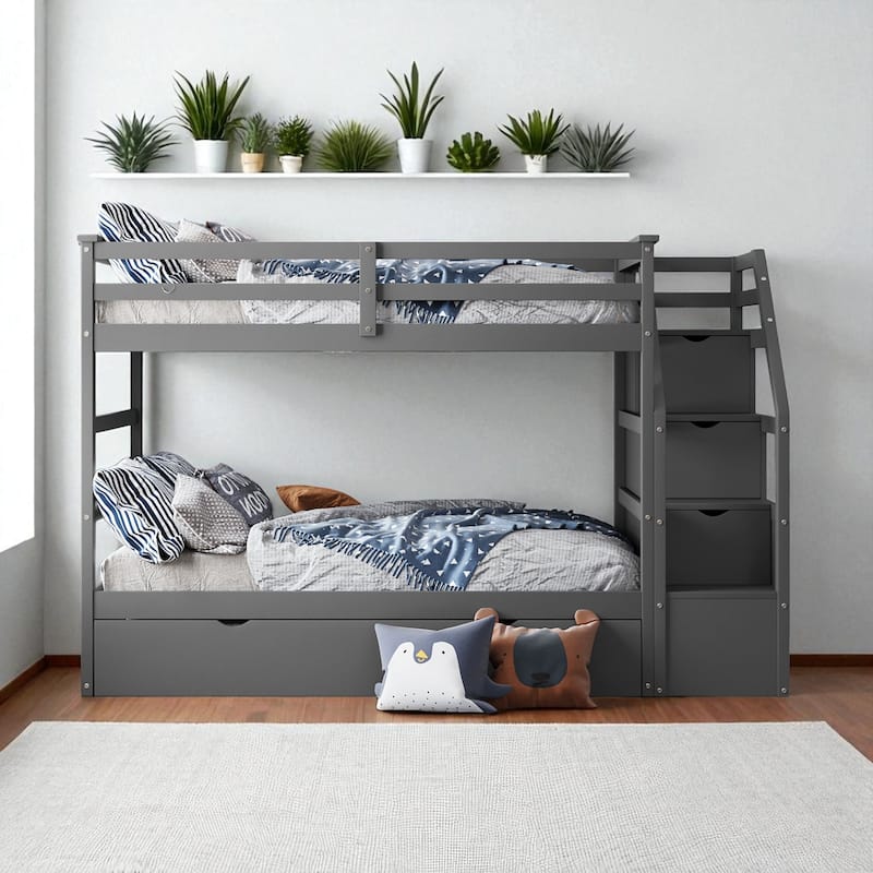 Twin Over Twin Bunk Bed with Trundle and 3 Storage Stairs, Solid Wood Frame, No Box Spring Required