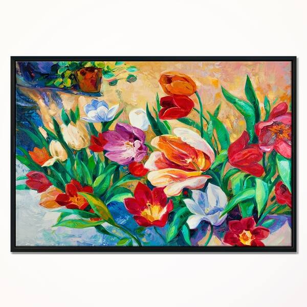 Designart Bouquet Of Colorful Flowers Large Floral Wall Art Framed Canvas Overstock 18956627 Tulip gardenoriginal oil painting by karen. design art