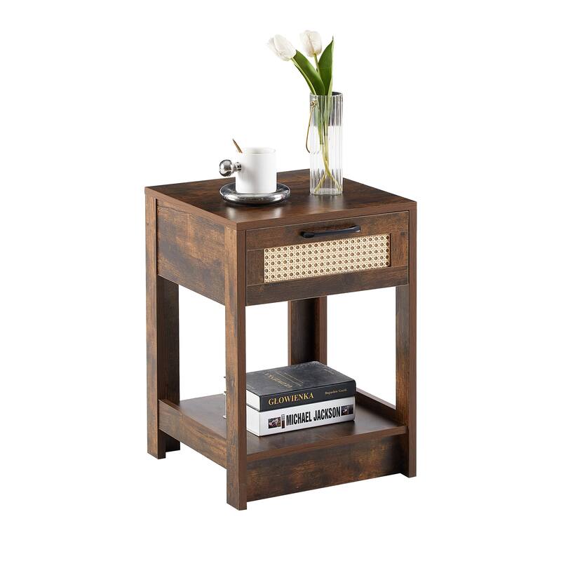 15.75" Rattan End table with drawer, Modern nightstand, side table for living roon, bedroom,natural
