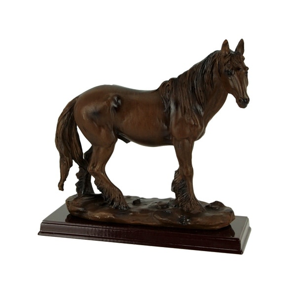Brown Feathered Foot Standing Horse Statue On Wood Base - 6.75 X 7 X 2.75 inches