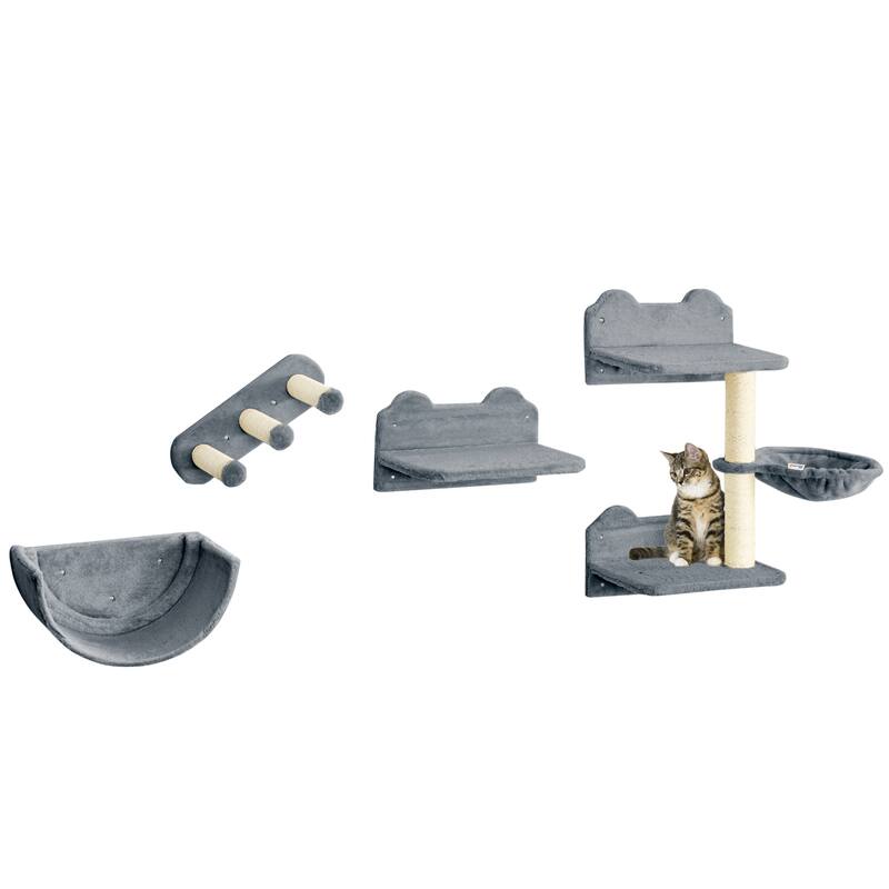 PawHut Cat Wall Shelves, 4 Pcs Cat Wall Furniture Cat Climbing Shelf with Cat Hammock, 3 Steps, Perches, Scratching Postfor - Grey