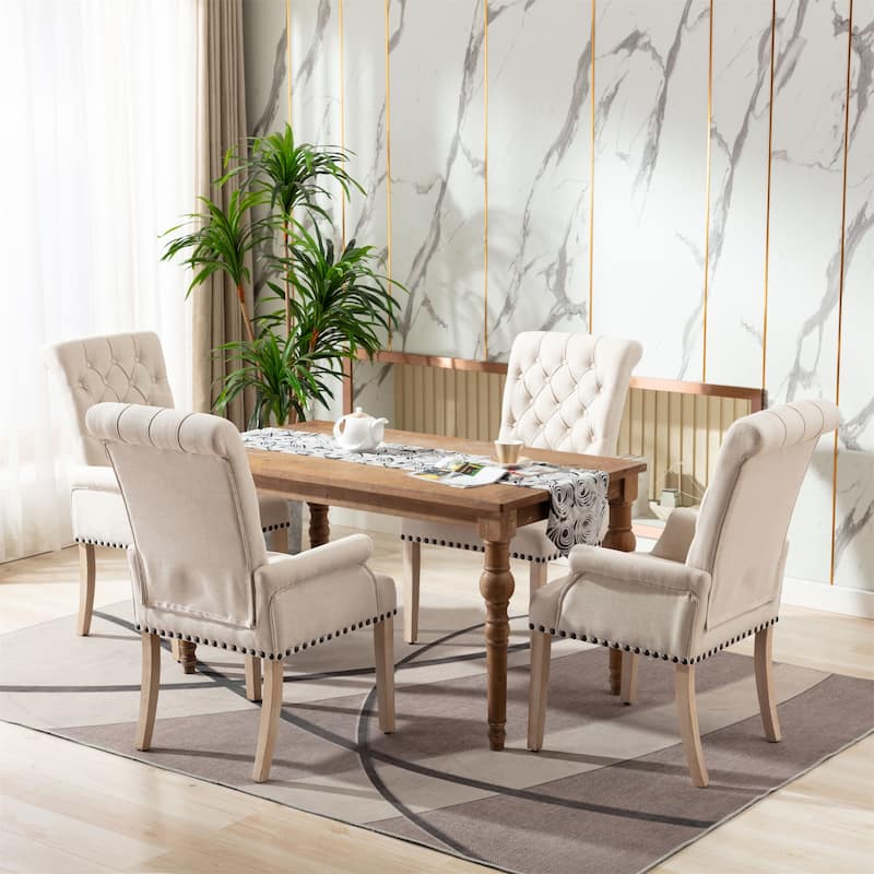 Fabric Upholstered High Back Arm Dining Chair with Oak Wood Legs
