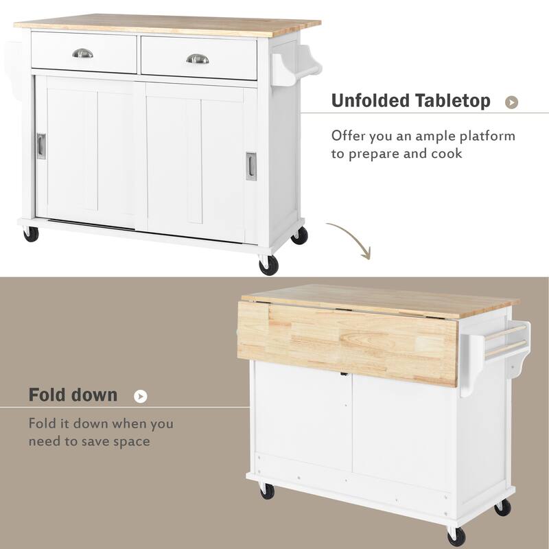 52" Kitchen Island Cart with Rubber Wood Drop Leaf, Hidden Sliding Barn Door, Storage Cabinet & Drawers on Wheels