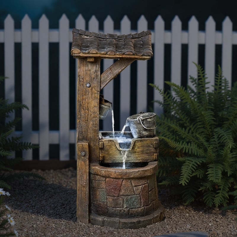 Vbal Rustic Well Pump & Bucket Water Fountain with LED Lights