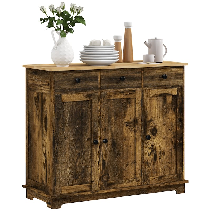 Sideboard with Solid Wood Countertop, Modern Kitchen Storage Cabinet, Coffee Bar Cabinet with 3 Drawers, Doors