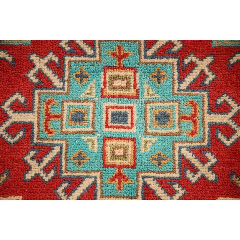 Kazak Rug Hand-Knotted Geometric Red Wool Carpet - 3'3"x 4'10"