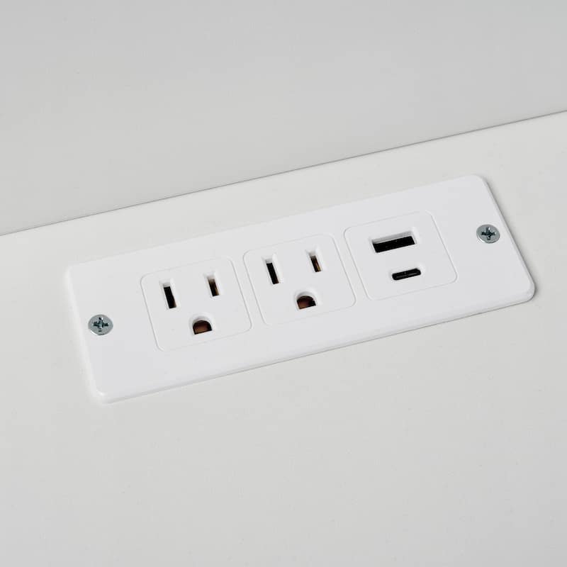 Modern Makeup Vanity Set with PU Cushioned Stool, Retractable Dressing Table Vanity Desk with Mirror, Light & Power Outlet