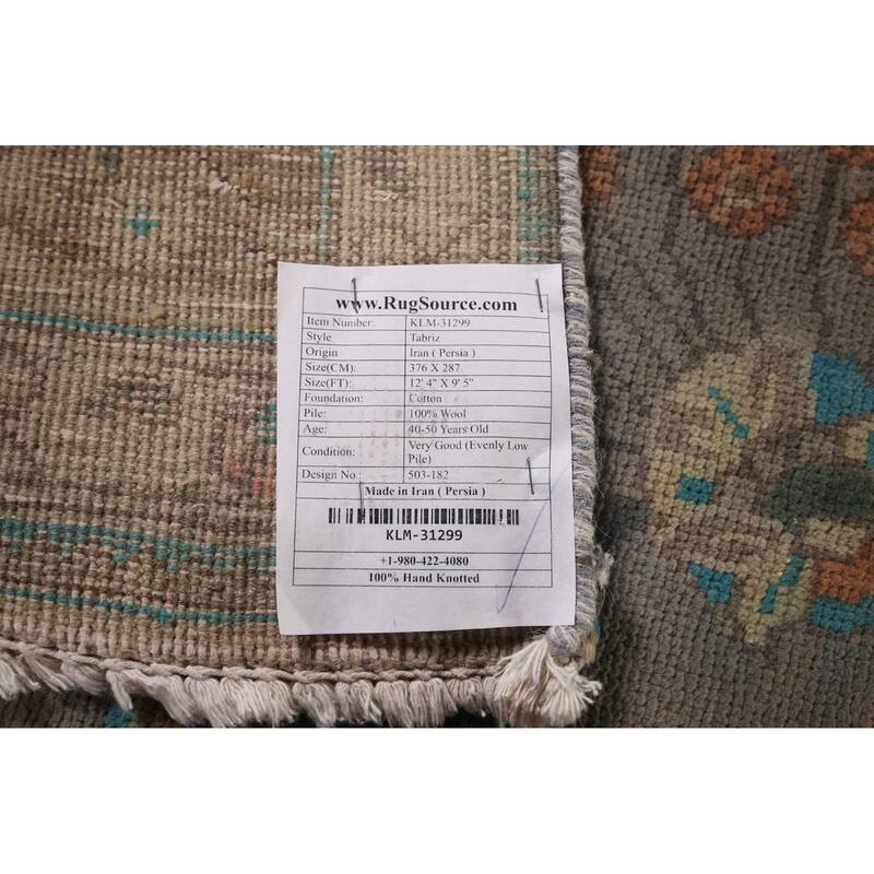 Tabriz Persian Vintage Rug Hand-Knotted Traditional Gray Wool Carpet - 9'5"x 12'4"