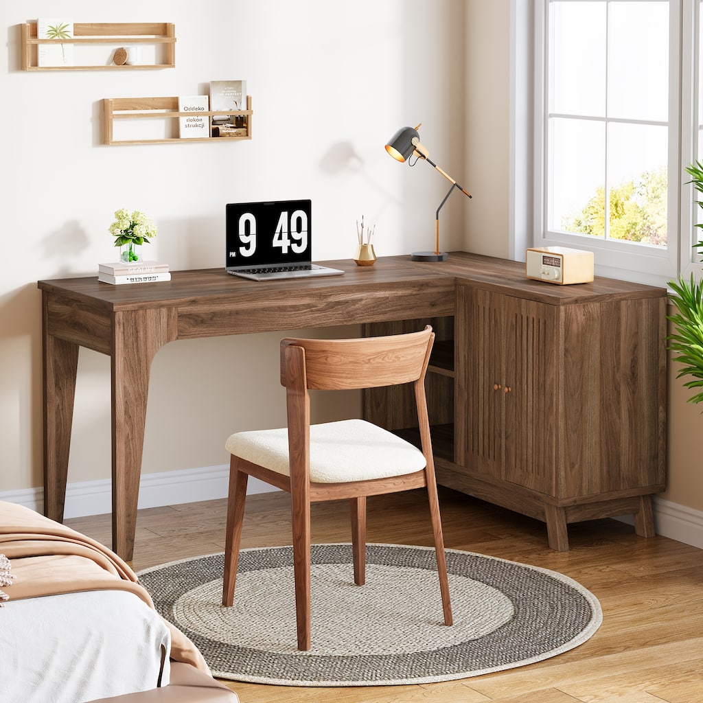 57'' Wood L-Shaped Corner Computer Desk Writing Table with Cabinet