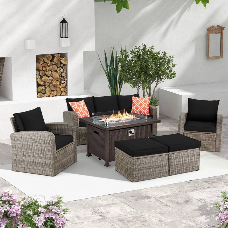6-Piece Rattan Patio Set with Fire Pit Table, Outdoor Conversation Set with Cushions, Weather-Resistant Sofa Sectional