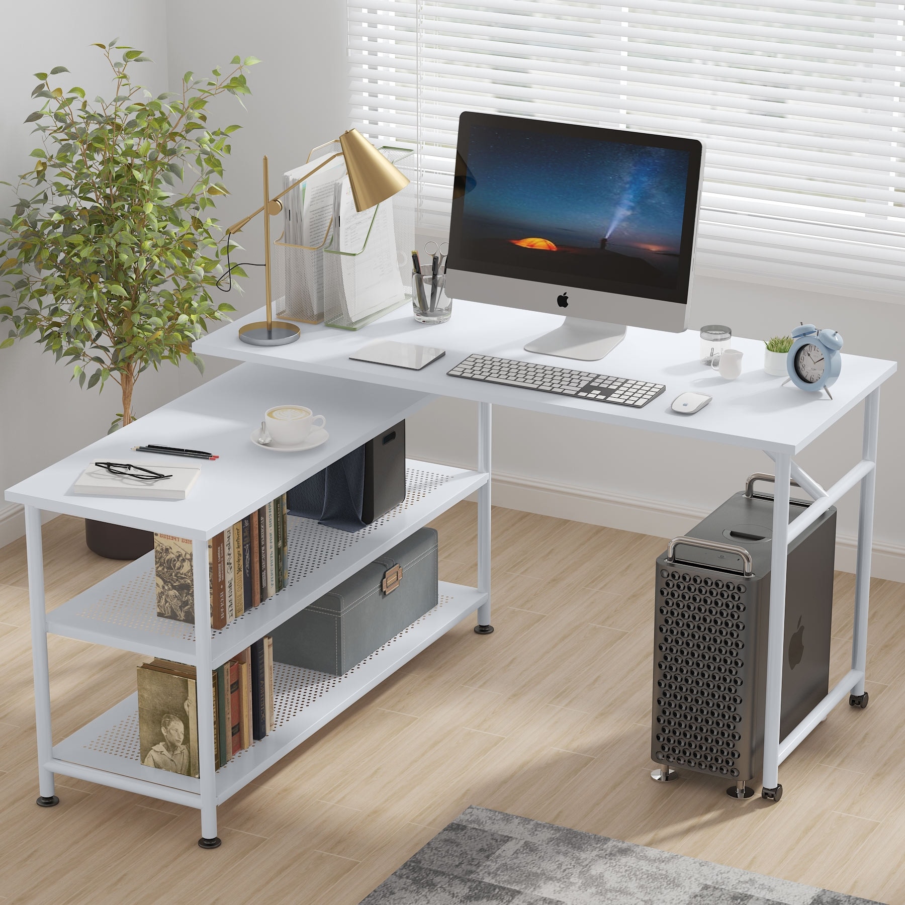 47 inch Small L-Shaped Computer Desk with Storage Shelves Natural Oak