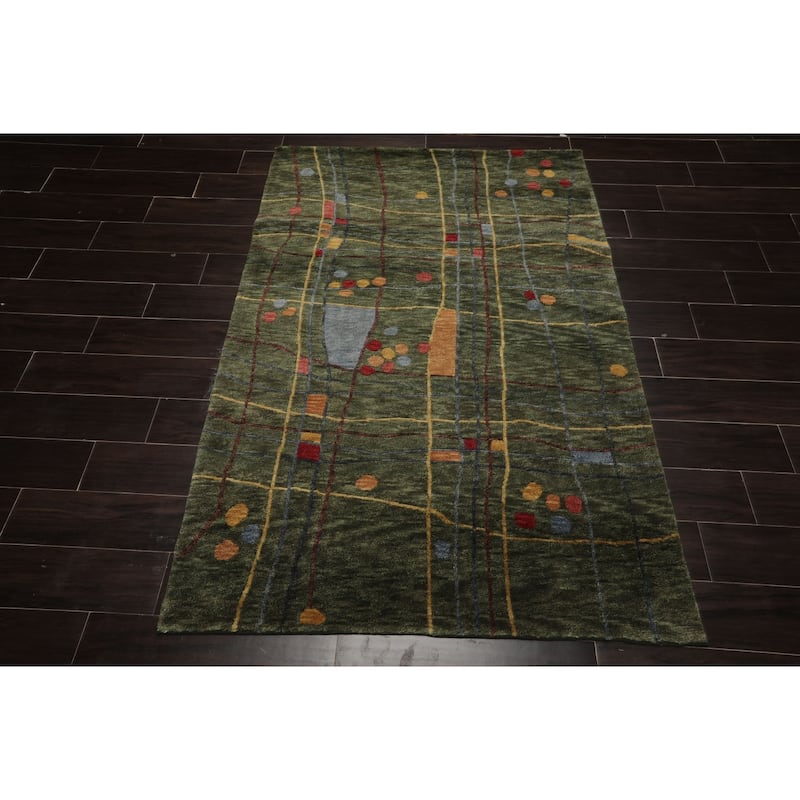 Tibetan Modern Plush Pile Designer 4'2''x5'10'' Hand Knotted Wool Green Rug - 4' 2'' x 5' 10''