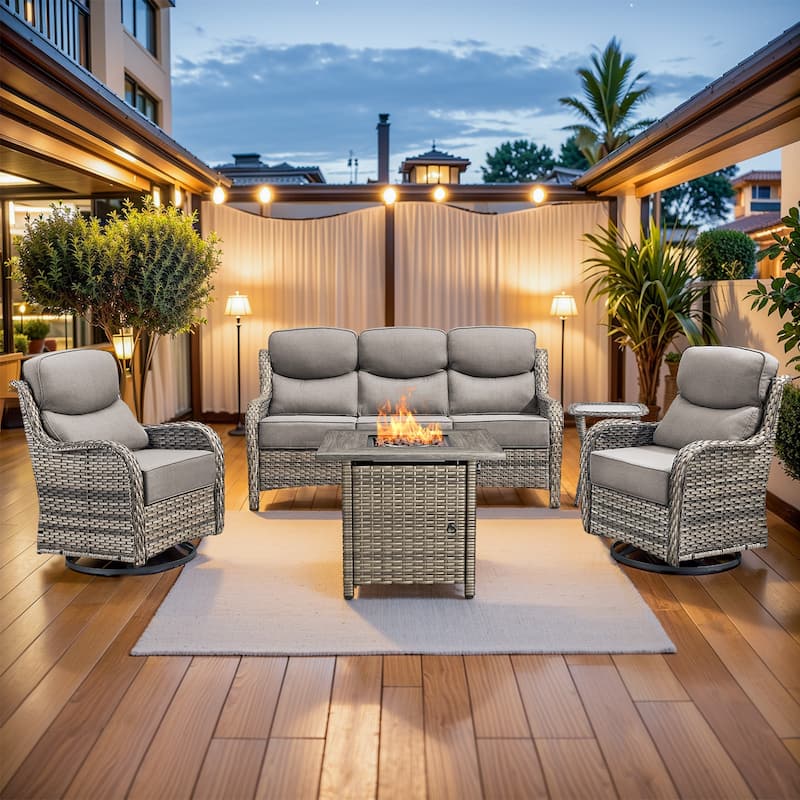 Pocassy 5 Pieces Outdoor 6" Sofa Swivel Chair with Fire Pit Table - Gray Wicker - Gray cushion