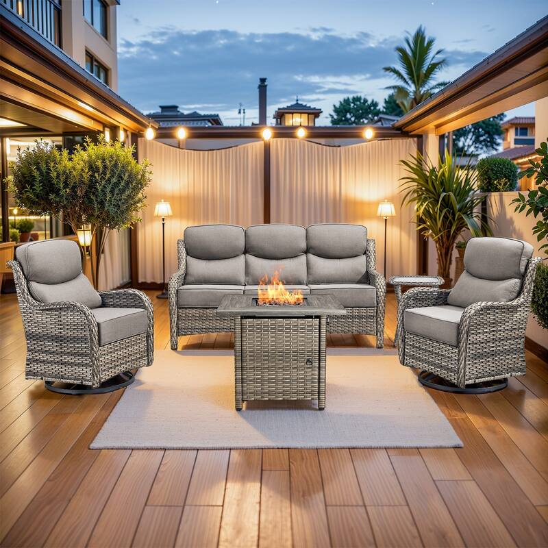 Pocassy Outdoor 6" Sofa Swivel Chairs with Fire Table Funiture - Grey Wicker Gray Cushion - 5 Pieces Sofa Chair Table with Fire Table