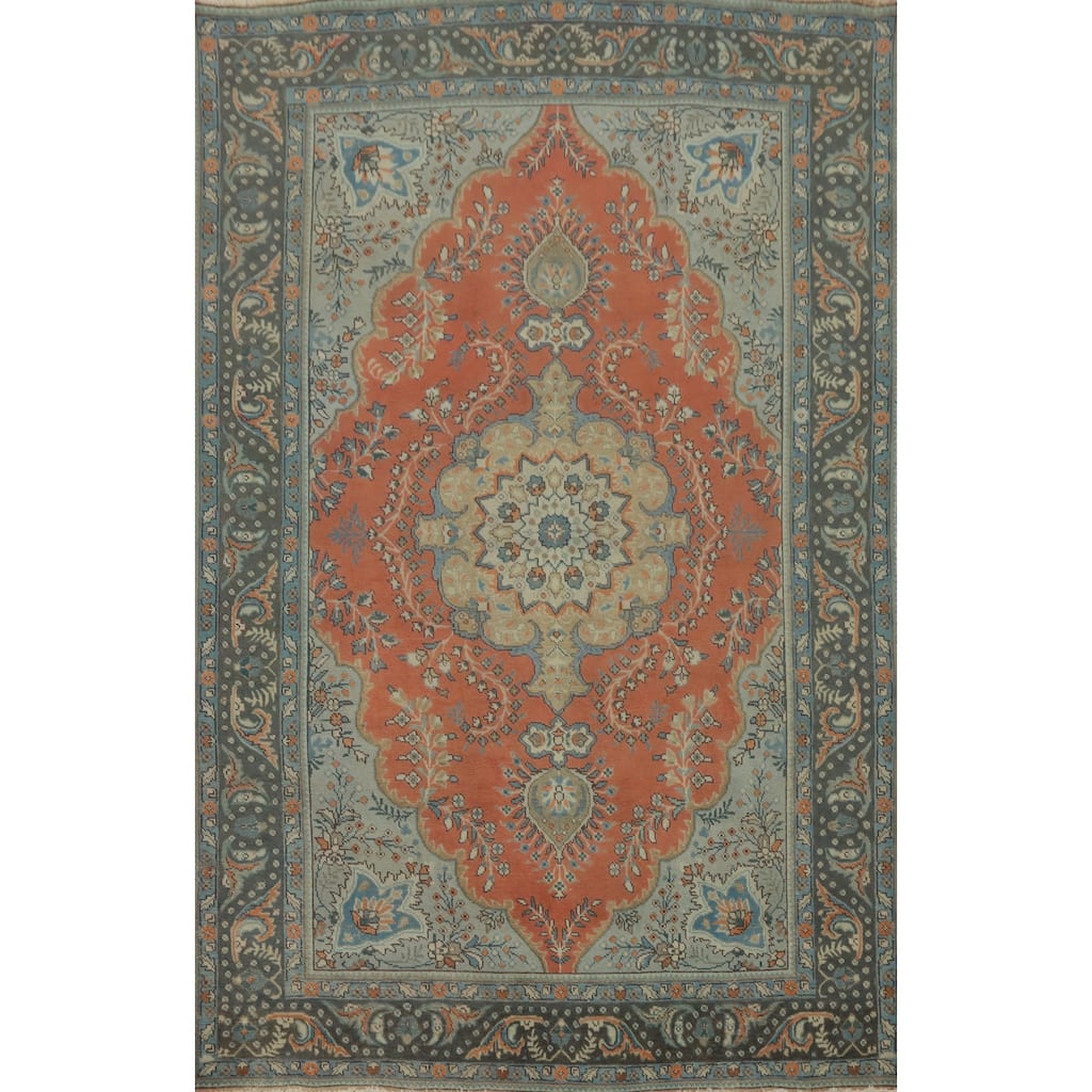 Hand Knotted Oriental 100% Wool Carpet Traditional Floral Oranges & Rust Tabriz Area Rug - 9' 11'' X 6' 6''