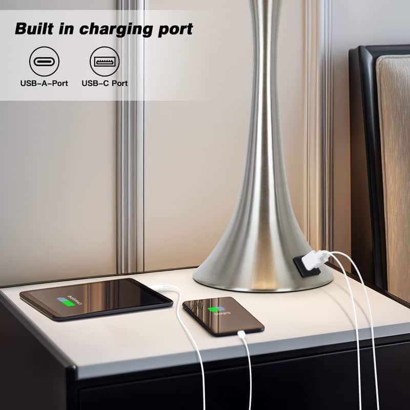 Set of 2 Modern 26-Inch Table Lamps with Dual USB Charging Ports and Oatmeal Fabric Shades - 12'' x 12'' x 27.5''