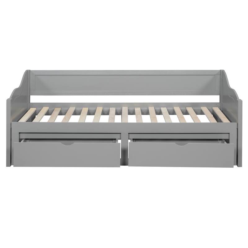 Roomfitters Wooden Twin Daybed with Trundle and Two Storage Drawers Extendable Solid Wood