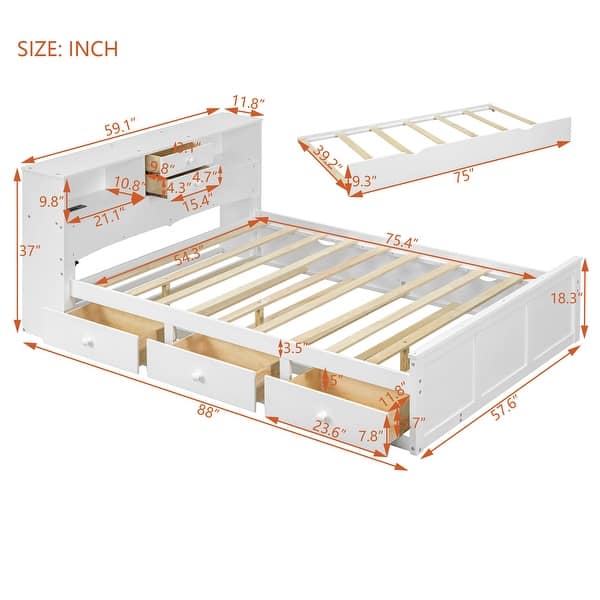Full Size Wooden Platform Bed with Twin Size Trundle, USB Ports, 3-Drawers & Upper Shelves - Stylish White Design for Bedroom