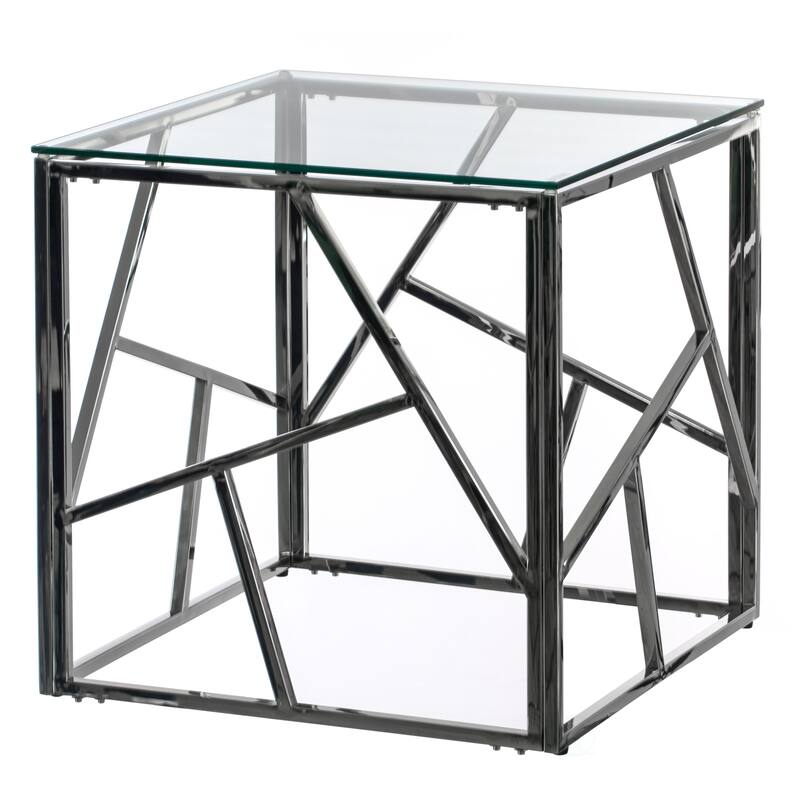 Modern Square End Side Table, Tempered Glass Top Metal Coffee Table - Silver
