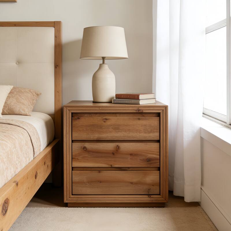 23.62" Solid Wood Nightstand with 3 Drawers, Rectangular Bedside Table for Bedroom - Brown-1 Pack