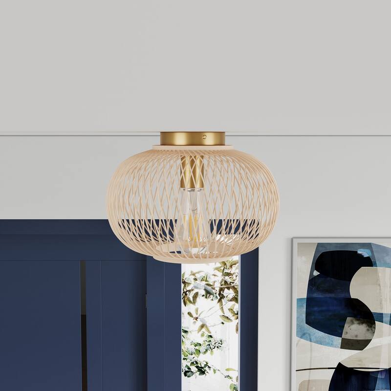 Farmhouse Brushed Brass Metal 1-Light Semi Flush Mount Ceiling Light with Rattan Woven Shade