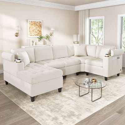 Roomfitters 115.7-Inch Modern U-Shaped Oversized Sectional Sofa, Corner Living Room Couch with Built-In Cup Holders