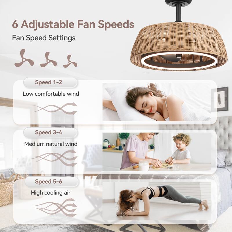 20" Rattan Caged Ceiling Fan with Dimmable LED Light and Remote(3-Blade)