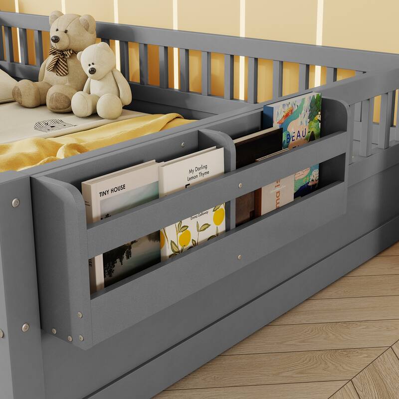 Montessori Floor Bed Frame with High Rails, Wood Toddler Floor Bedframe with Light and Headboard Storage Shelf for Kids Room