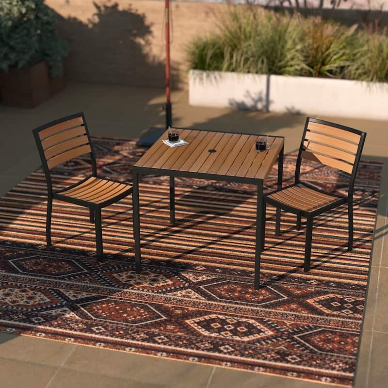 Indoor/Outdoor Faux Teak Table with 2 Club Chairs with Arms
