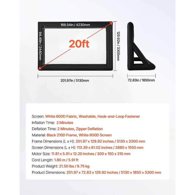 Outdoor & Indoor Movie Screen with 600D Washable Oxford Fabric 250W Quiet Blower Quick Setup, Front & Rear Projection