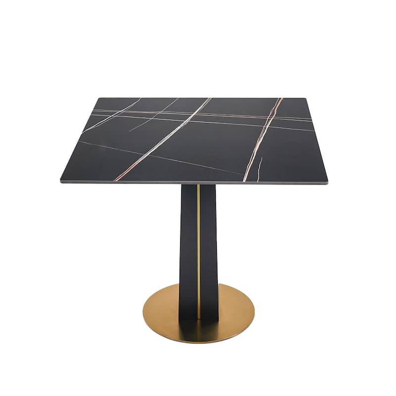 Modern Square Negotiation Table - 85cm Black Sintered Stone Top, Black Wooden Legs with Golden Metal Base