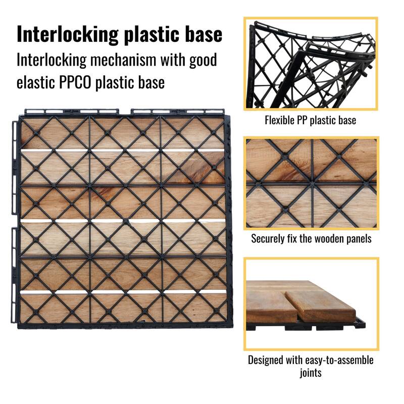 12"x12" Yellow Acacia Hardwood Deck Tiles, Interlocking Striped Pattern for Outdoor Patio, Pool