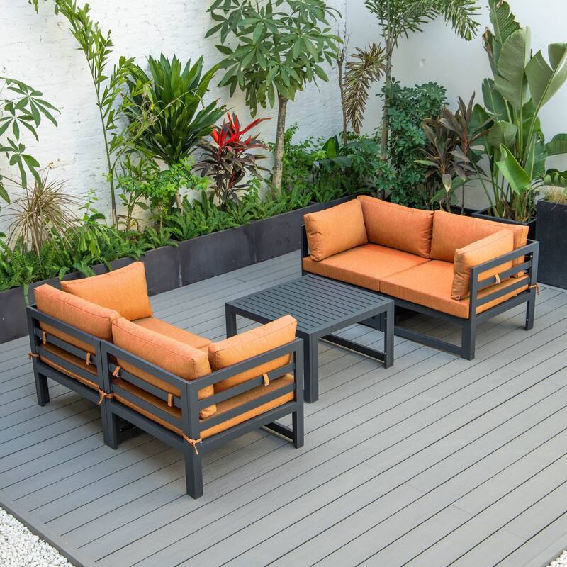 LeisureMod Chelsea 5-Piece Outdoor Patio Sectional and Coffee Table Set with Cushions - Orange