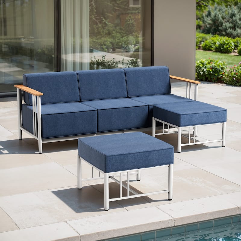 Puffin 3-Seat Outdoor Sofa with Metal Frame and 10-Inch Thick Cushions and ottomans - 3-Piece - Blue