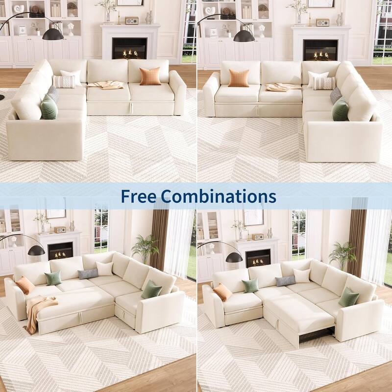 Sectional Sleeper Sofa with Pull Out Bed, Chenille Modular Sectional Sofa L Shaped Couch with Pull Out Couch