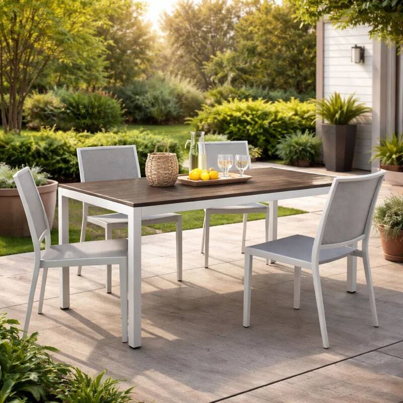 Fifi 71 Inch Outdoor Dining Table, Gray Polyresin Top, White Aluminum Frame