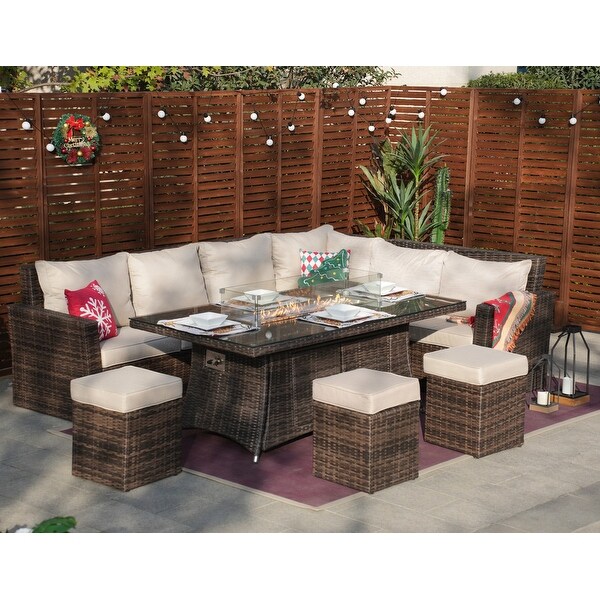 8 pc. Patio L shaped Wicker Sofa Set w Rectangular Firepit Dining