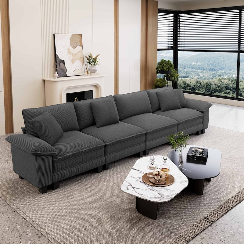 MAISON ARTS Cloud Modular Deep Seat Sofa, Chenille or Corduroy Sectional Couch with Removable Arms, 1–4 Seater - Grey Corduroy(4 Pieces) - Symmetrical
