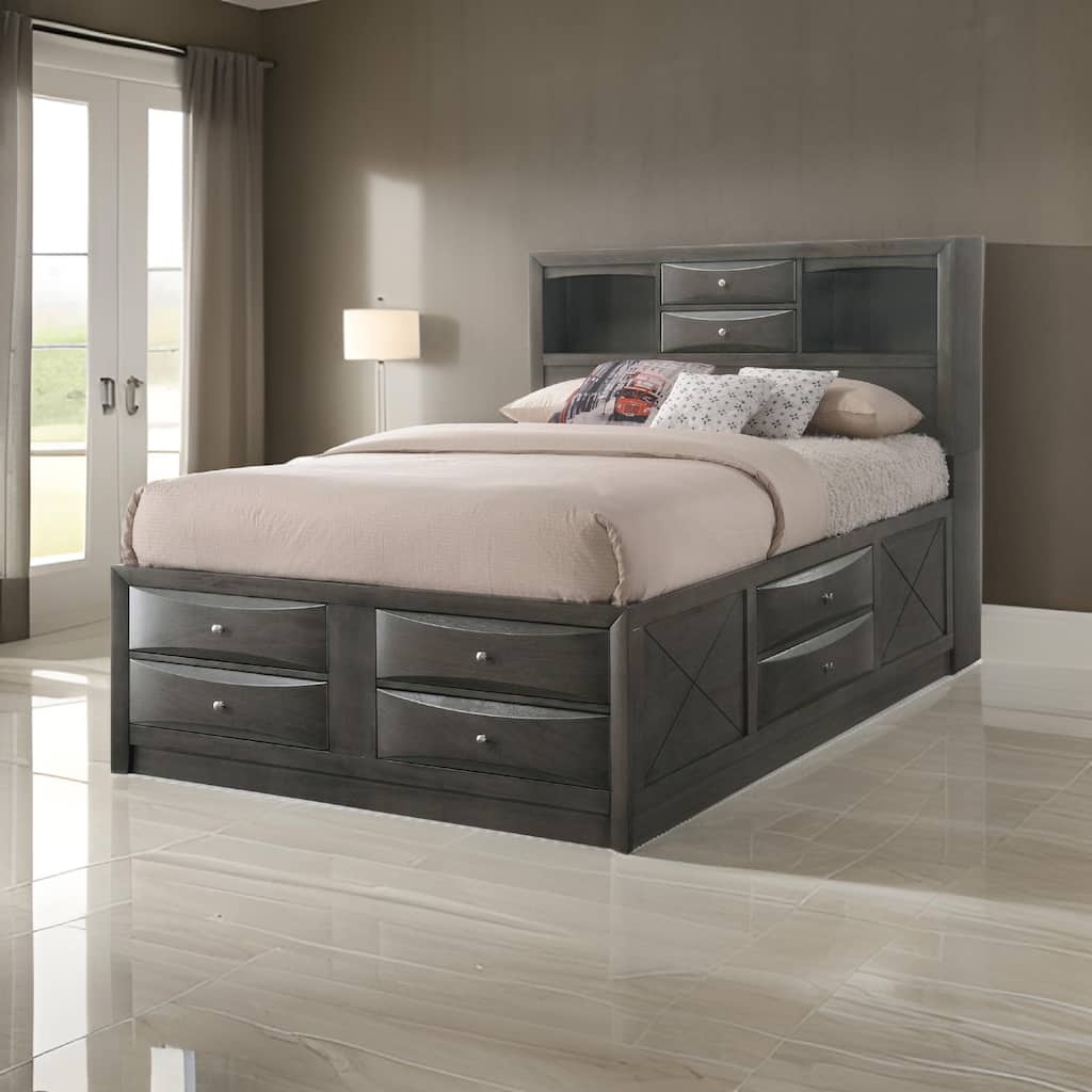 Panel Design Eastern King Size Bed with Bookcase and Drawers, Taupe Brown