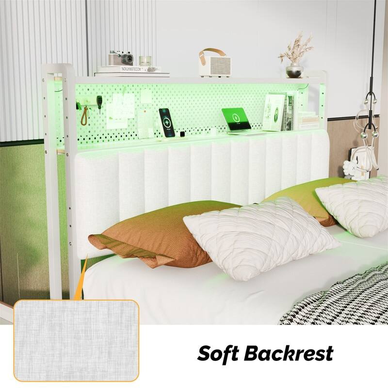 Adjustable Upholstered Headboard with 2 Tier Shelves with Charging Stations and LED Lights, Modern Bed Headboard with Storage