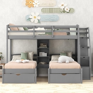 Space-Saving Twin Over Twin & Twin Bunk Bed, Wood Triple Bunk Bed with Drawers, Staircase with Storage, Built-in Shelves, Grey