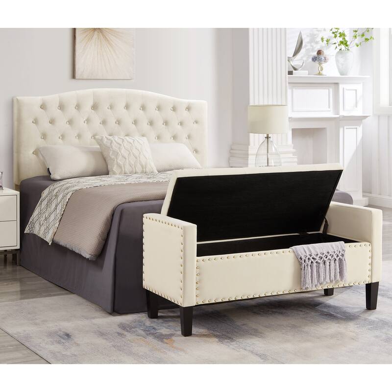 Upholstered Tufted Button Storage Bench with nails trim,Entryway Living Room Soft Padded Seat