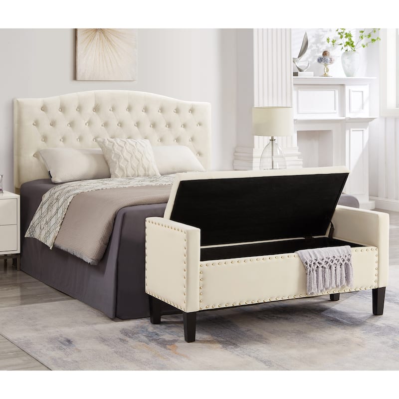 Velvet Storage Ottoman Bench with Armrests, Tufted Upholstered End of Bed Bench with Nailhead Trim for Bedroom, Entryway