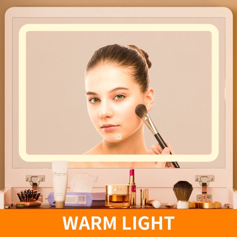 Compact Make-up Vanity Set with Visible Glass Desktop & Mirror, 3 in 1 Dressing Table Desk with Stool & Charging Station