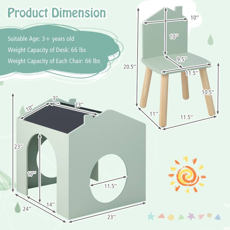Costway 3 Piece Kids Wooden Table and Chair Set with Blackboard for
