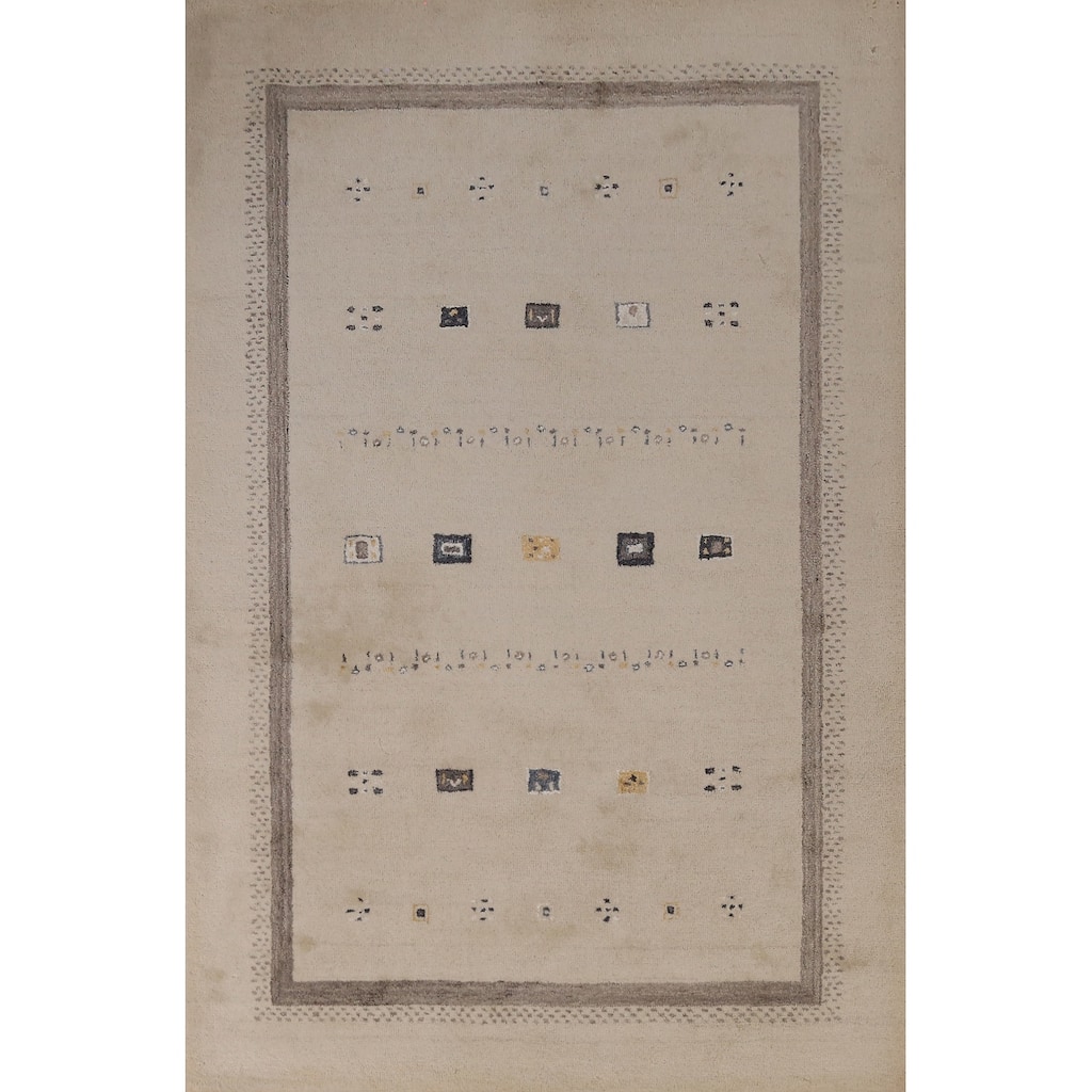 Tribal Geometric Gabbeh Indian Area Rug Beige Handmade Wool Carpet - 5'3" x 7'7"