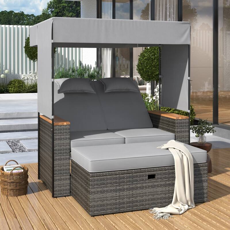 2-Piece Outdoor Rattan 5 Positions Daybed with Bench & Cushions - Grey
