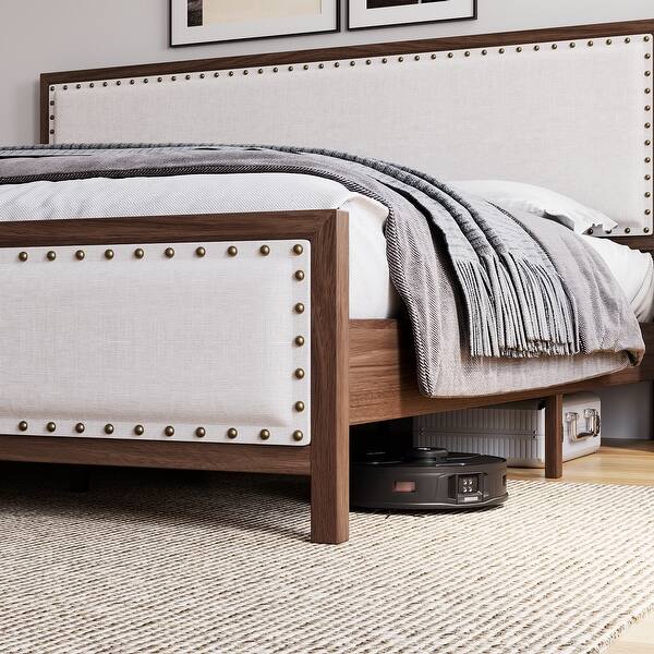 Upholstered Platform Bed with Linen Headboard and Footboard On Sale